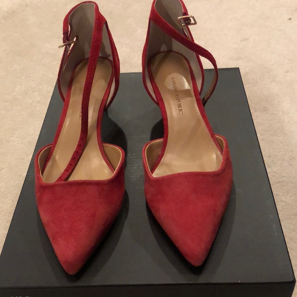 Red suede kitty heels